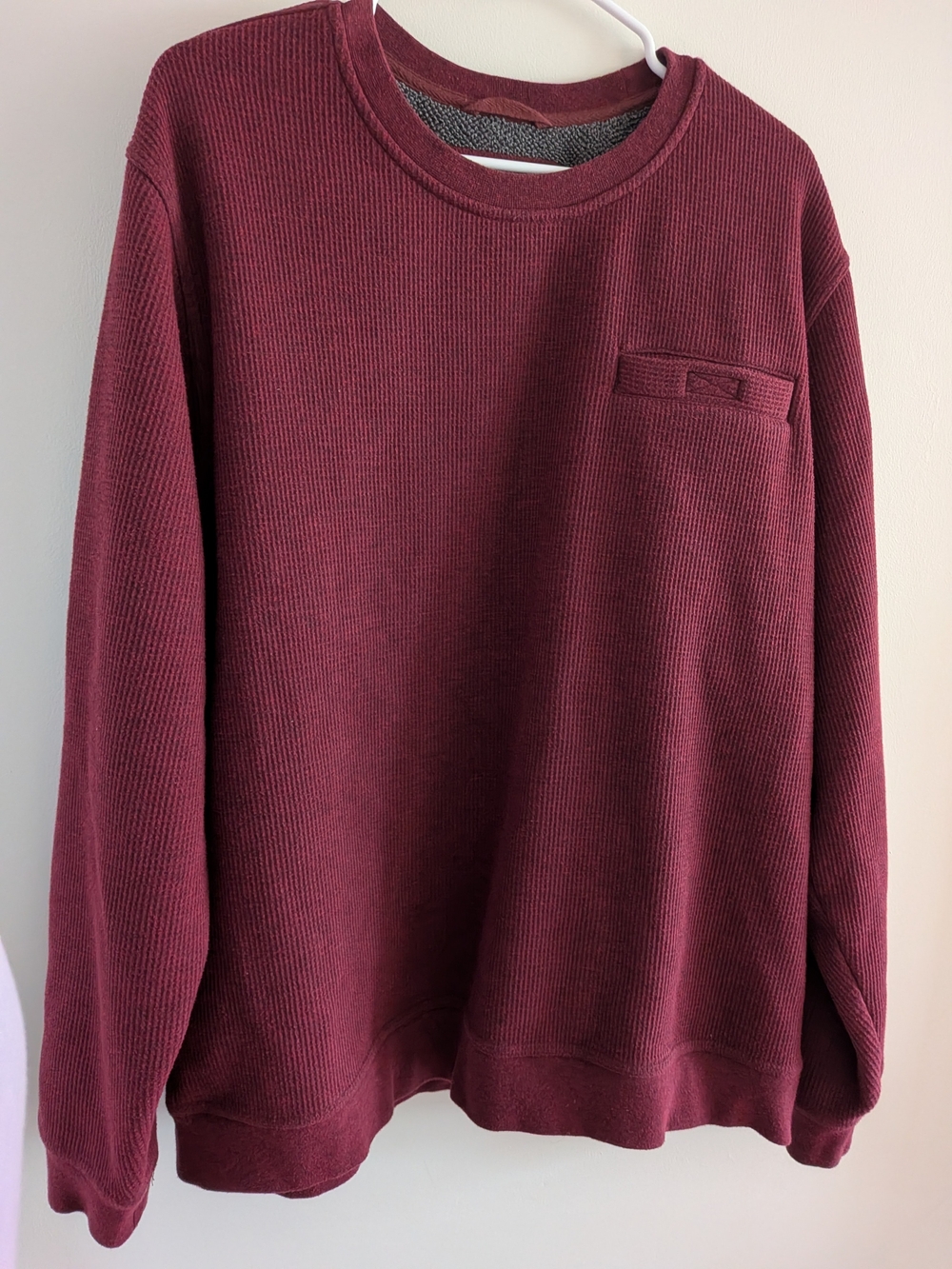 L.L. Bean Men's Burgundy Crewneck Pocket Sweater Waffle Lined Pullover XL Cabin